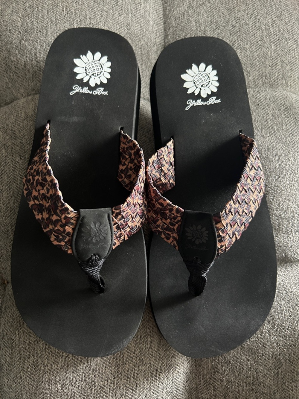 Yellow Box Black Flip Flops with Brown Patterned Straps